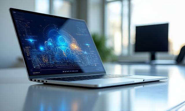 Modern workspace with laptop displaying cloud software dashboard